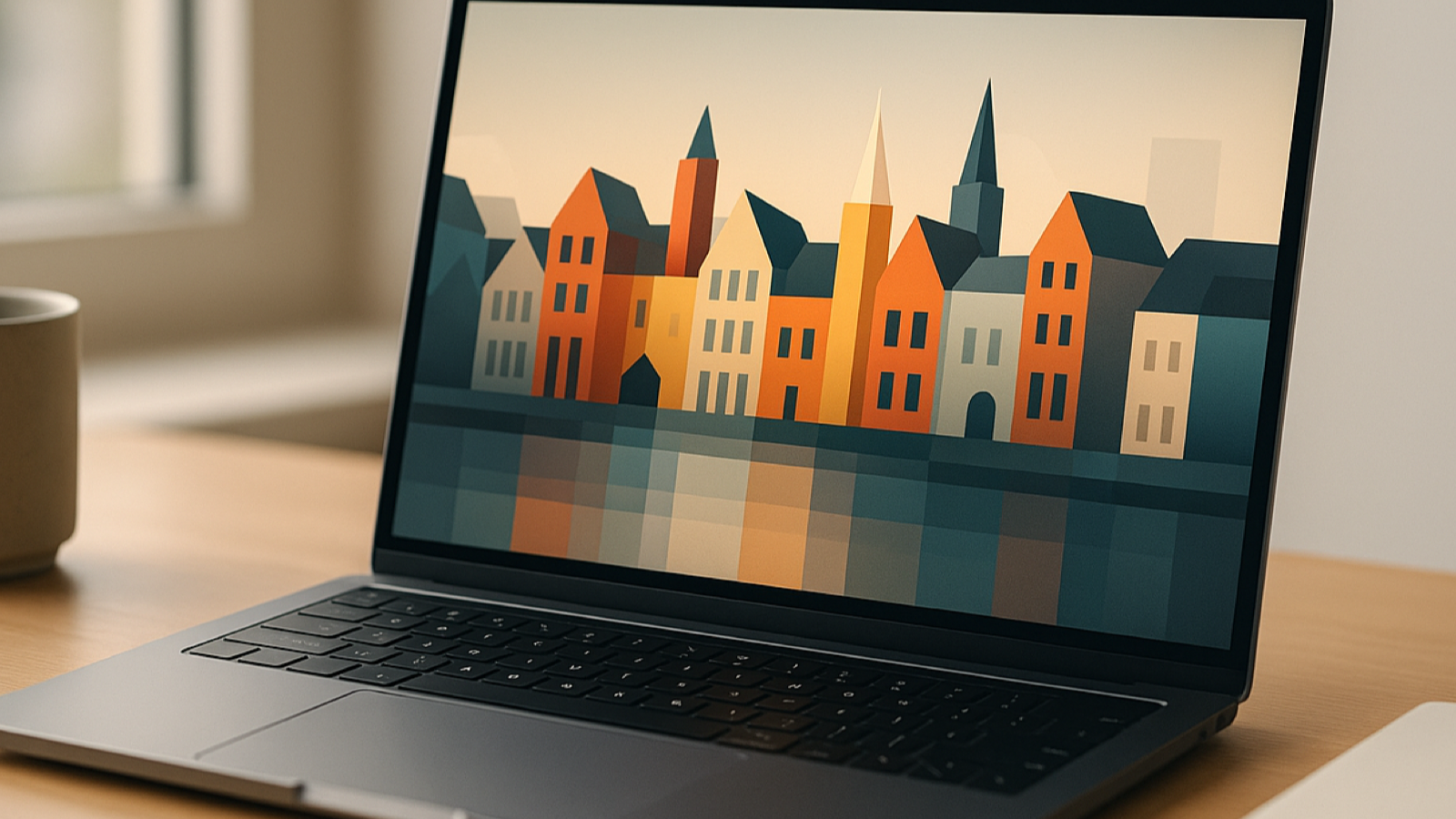 Modern laptop on a desk showing abstract cityscape art